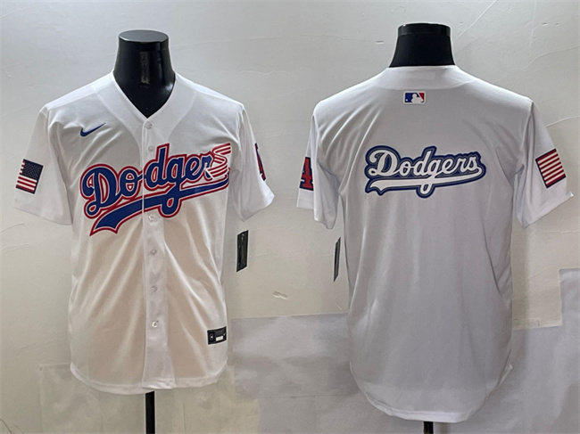 Men's Los Angeles Dodgers Team Big Logo White With American Flag Patch Limited Stitched Baseball Jersey Men's Los Angeles Dodgers Team Big Logo White With American Flag Patch Limited Stitched Baseball Jersey